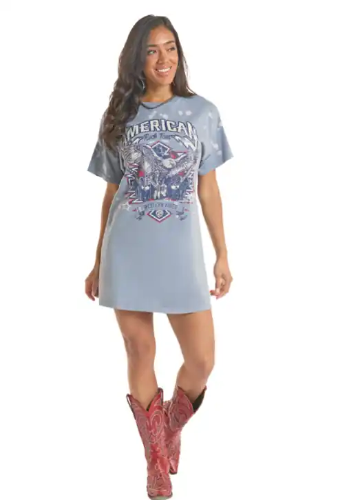 Rock&Roll Denim Women‘s S26 Short Sleeve Distress American Graphic Dress Blue