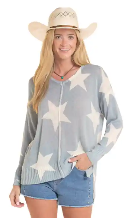 Rock&Roll Denim Women‘s S26 Long Sleeve Star Print Baja Sweater Light Blue