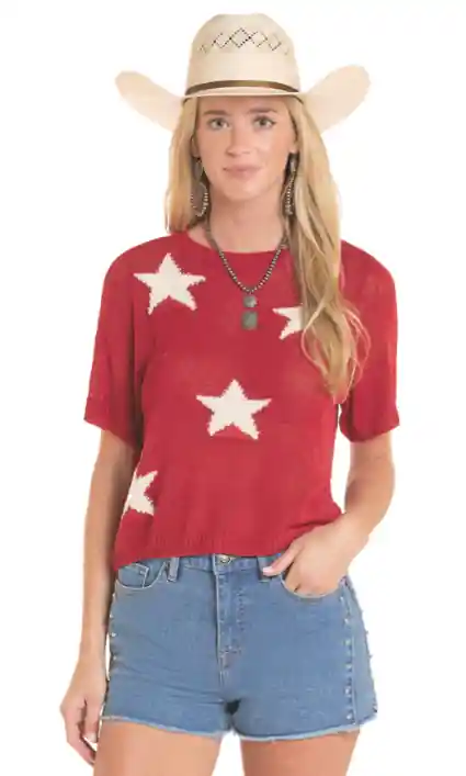 Rock&Roll Denim Women‘s S26 Short Sleeve Star Sweater Red