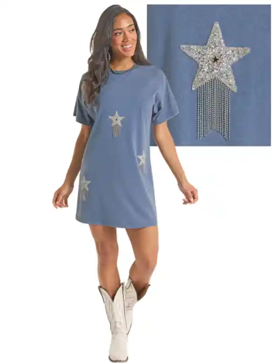 Rock&Roll Denim Women‘s S26 Short Sleeve Distress Knit Dress with Rhinestone Stars Navy