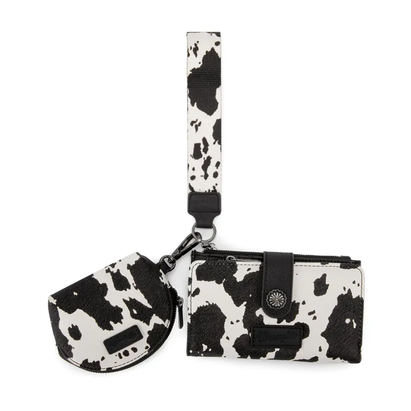 Montana West WG444-W129BK Wrangler Cow Print Wallet & Coin Pouch Wristlet Set - Black