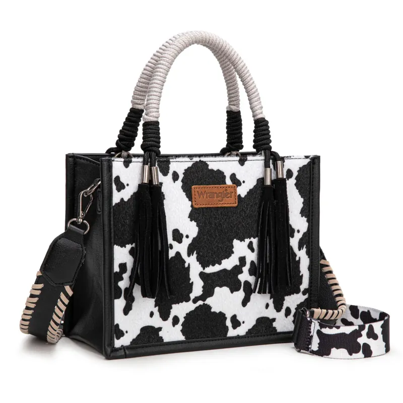 Montana West WG386-8120S Wrangler Cow Print Tote/Crossbody - Black