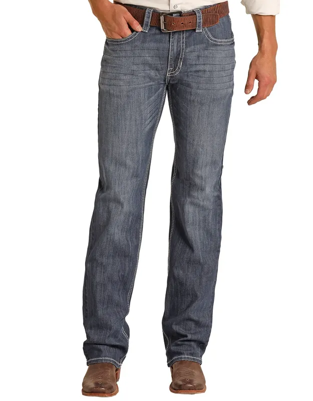 Rock & Roll Denim Men‘s Double Barrel Stretch Low Rise Relaxed Fit Straight Leg Jeans - Medium Wash M0S3473