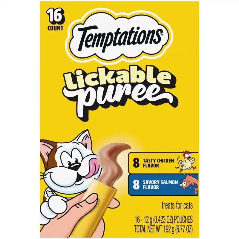 Temptations Creamy Puree with Chicken and Salmon Flavor Squeezable Lickable Variety Pack Cat Treats - 16 ct