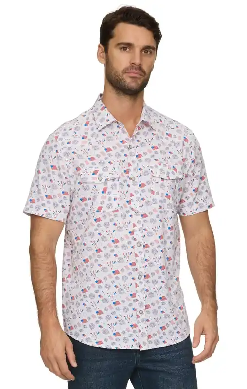 Threadgrit 250th Americana Capsule Collection Men‘s Washington UPF Performance Western Short Sleeve Shirt - White/Red/Blue