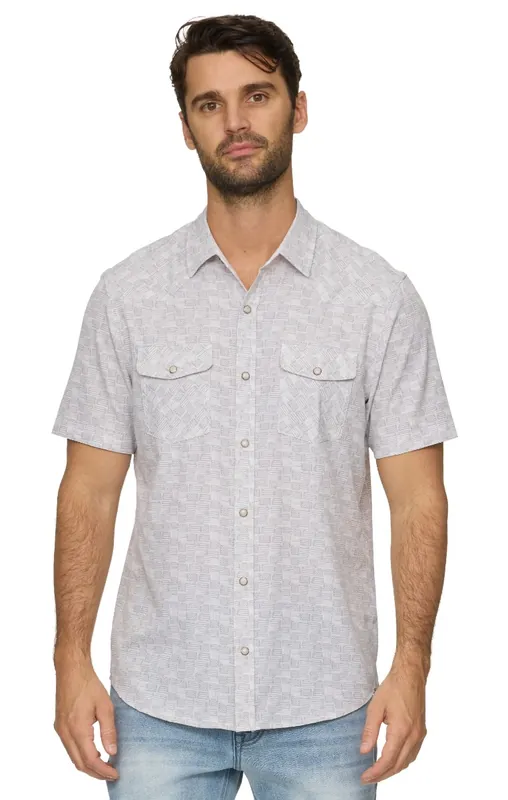 Threadgrit 250th Americana Capsule Collection Men‘s Adams UPF Performance Western Short Sleeve Shirt - White/Light Grey