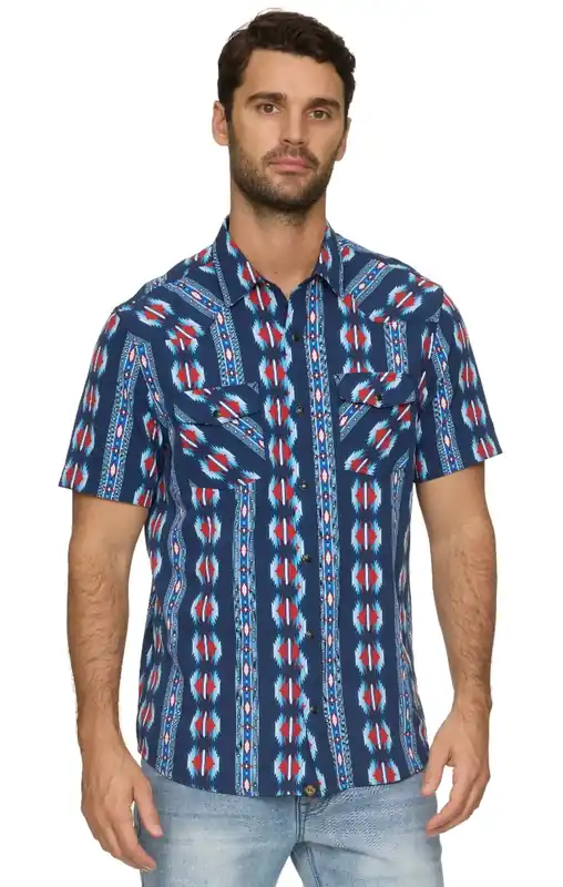 Threadgrit 250th Americana Capsule Collection Men‘s Truman UPF Performance Western Short Sleeve Shirt - Navy Combo