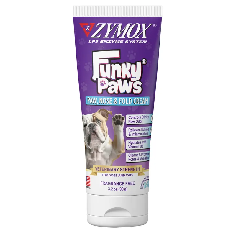 Zymox Funky Paws - Paw, Nose & Fold Cream for Dogs & Cats - Veterinary Strength - Reduces Corn Chip Feet Smell - Hydrates & Soothes the Skin - Relieves Itching & Irritation - Fragrance Free - 3.2 oz. tube