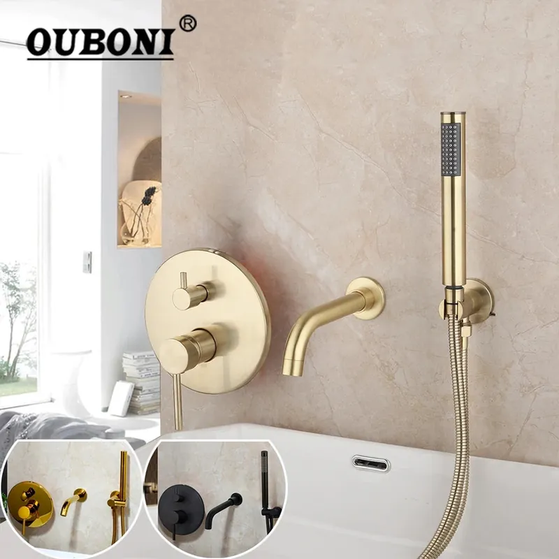 OUBONI Brush Gold Bathroom Shower Systerm Bathtub Faucet Wall Mount