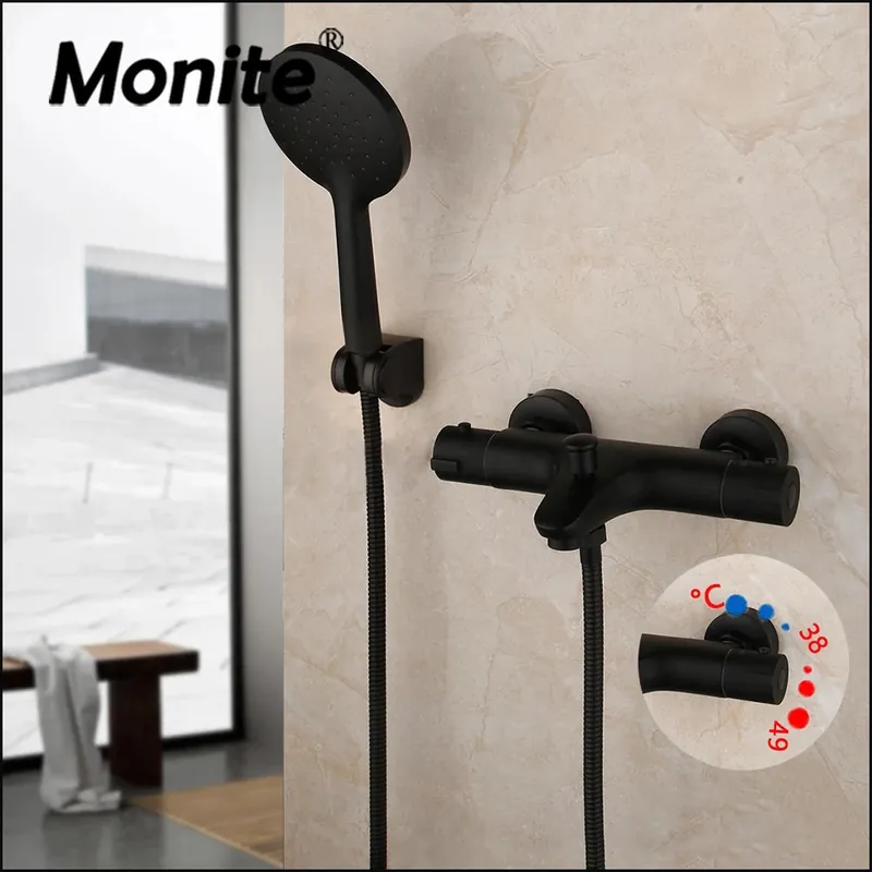 Monite Wall Mounted Thermostatic Mixer Taps Matte Black Shower Faucet Set