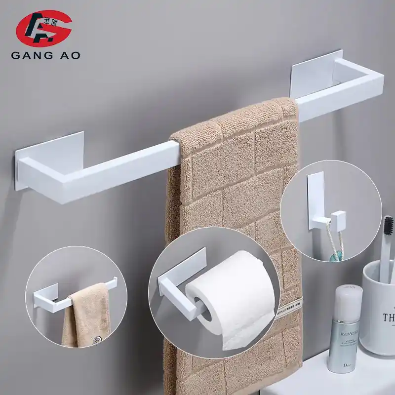 No Drilling White Bathroom Accessories Sets Toilet Tissue Roll Paper Holder Towel Rack