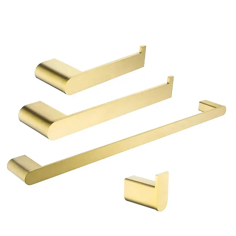 Brushed Gold Bathroom Accessories Sets 4 Wall Mounted Towel Bar Robe Hooks