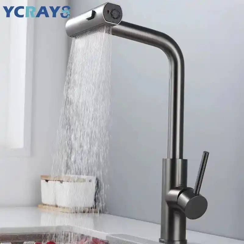YCRAYS Black Kitchen Faucets Gray Pull Out Rotation Waterfall Stream Sprayer Head Sink