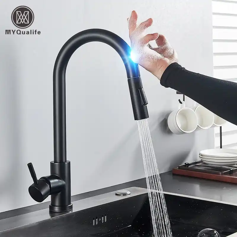 Pull Out Sensor Black Kitchen Faucet Sensitive Touch Control Faucet Mixer For Kitchen
