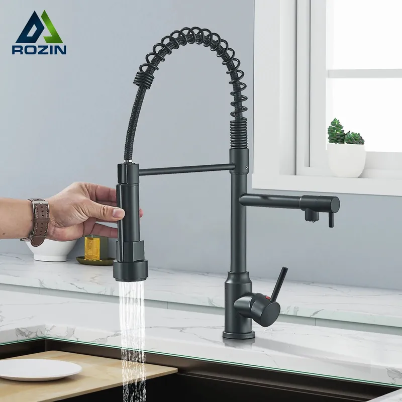 Rozin Black Kitchen Faucet Spring 360° Pull Down Sprayer Hot Cold Water Mixer Tap