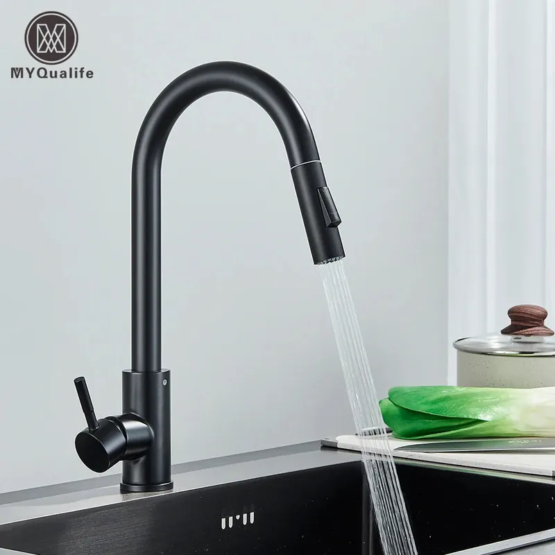 Black Kitchen Faucet Two Function Single Handle Pull Out Mixer Hot and Cold Water