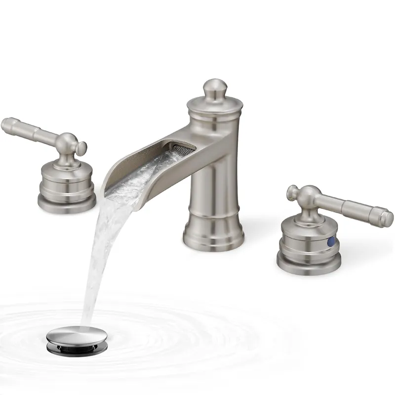 Waterfall Bathroom Faucet Matte Brushed Nickel, Brass 3 Hole Faucet Bathroom Sink Faucet