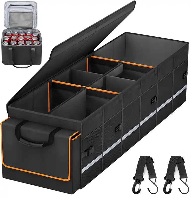 Car Trunk Organizer and Storage with Lid & Removable Leakproof Cooler Bag, 6 Removable Dividers for Custom Space