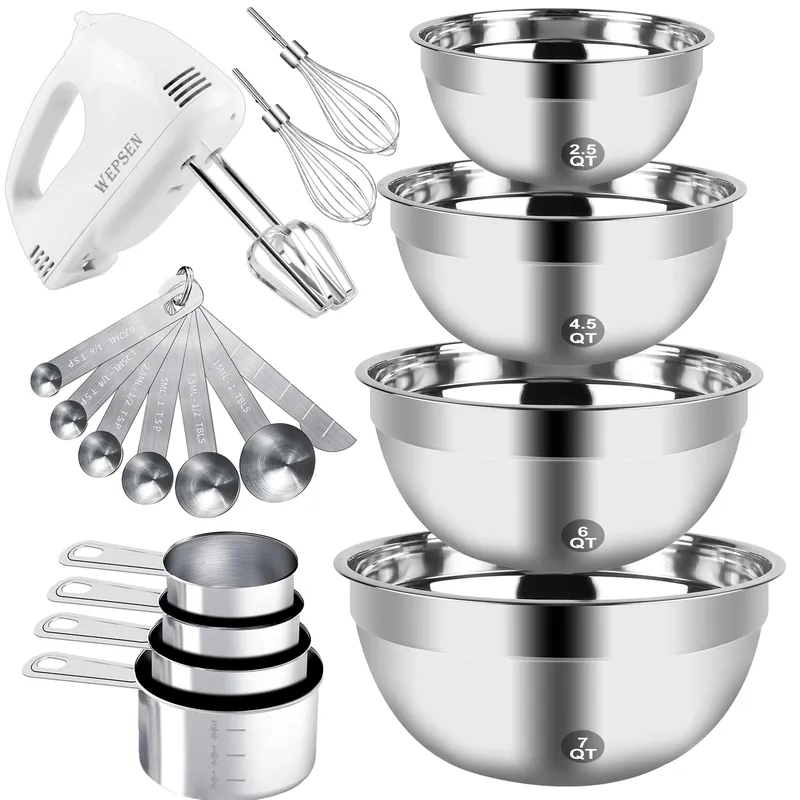 Hand Mixer Electric Mixing Bowls Set, 5 Speeds Handheld Mixer with 4 Nesting Stainless Steel Mixing Bowl