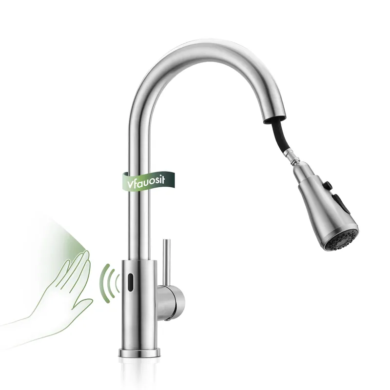 Automatic Kitchen Sink Faucet with Pull Down Sprayer Brushed Nickel Motion Sensor Smart Hands-Free