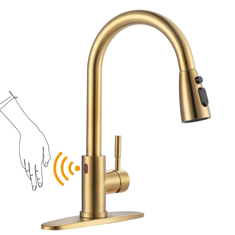 Touchless Kitchen Faucet Stainless Steel Automatic Hand-Free Brushed Gold Kitchen Faucet for Sink 1 or 3 Hole