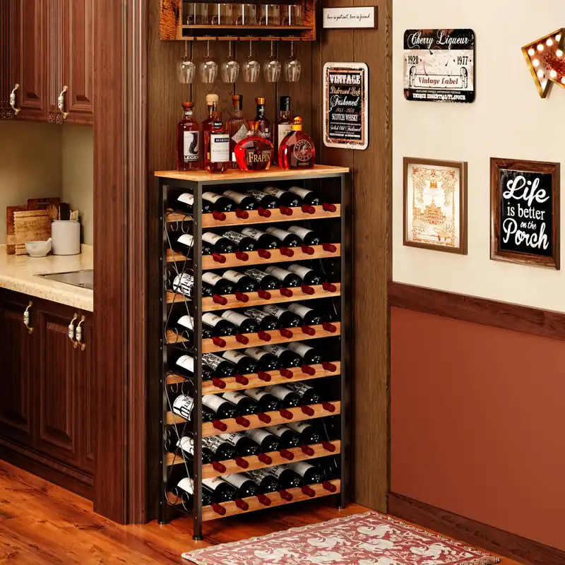 48 Bottles Floor Wine Rack with Wood Top, Freestanding Wine Bottle Organizer Shelf 25.2‘‘L x 10.7‘‘W x 47.2‘‘H