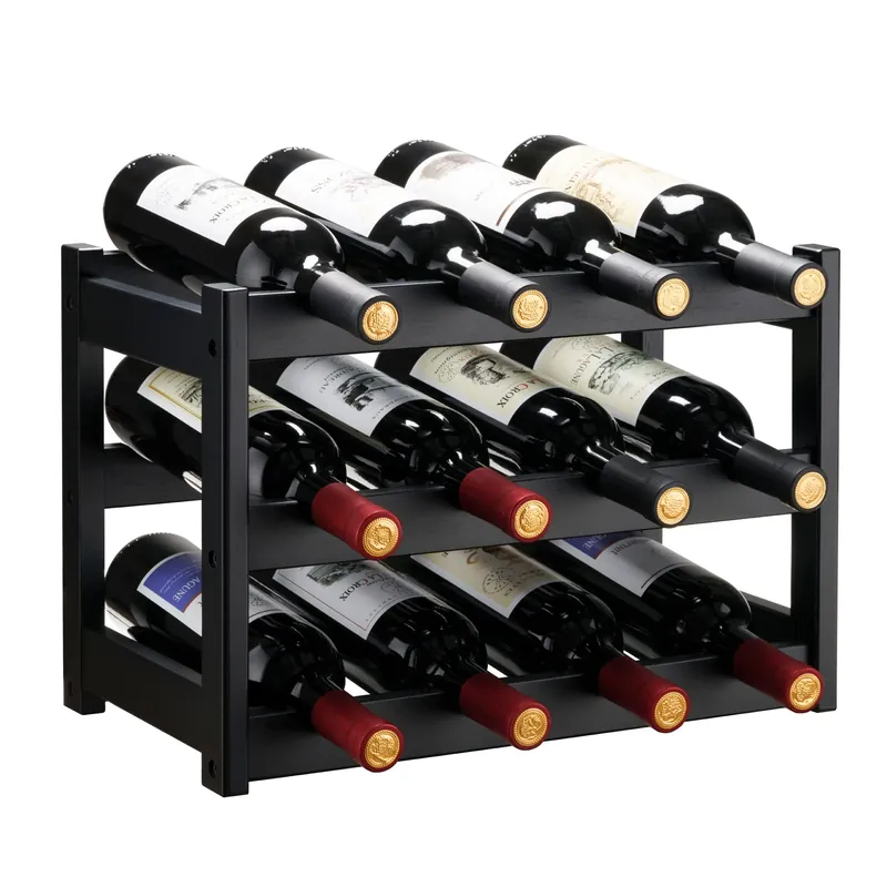 Bamboo Wine Rack, Sturdy Wine Racks Countertop for Pantry,Kitchen,3-Tier 12 Bottles Wine Rack Black