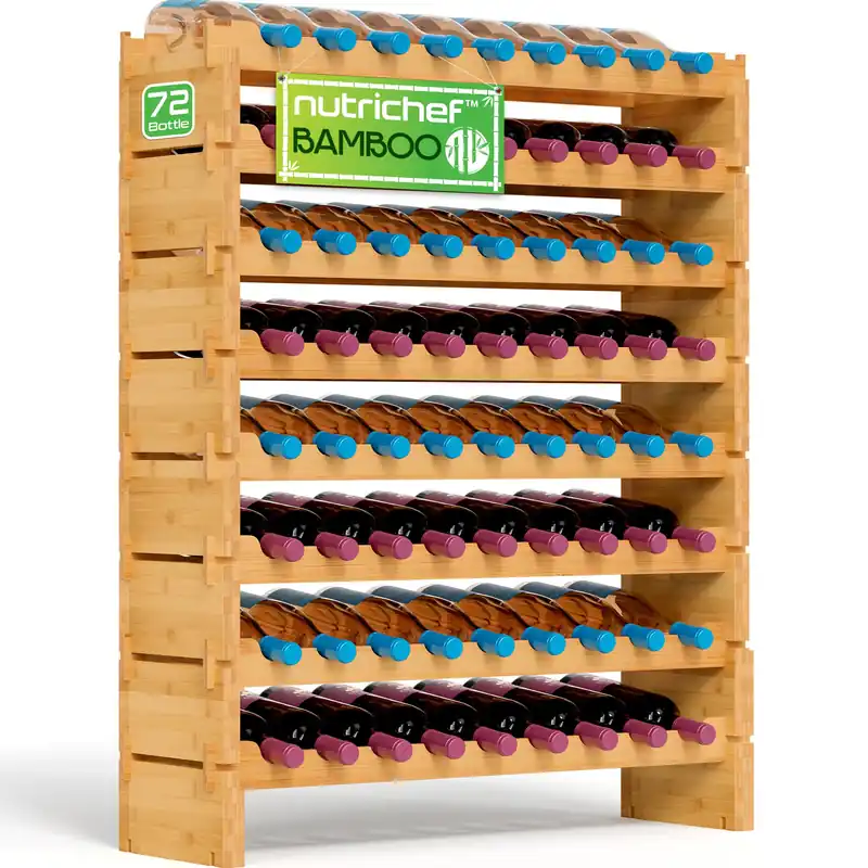 Bamboo Stackable Wine Rack, 8-Tier 72 Bottle Capacity Wine Racks Free Standing Floor, No Tools Assembly 33.5" x 10" x 42"