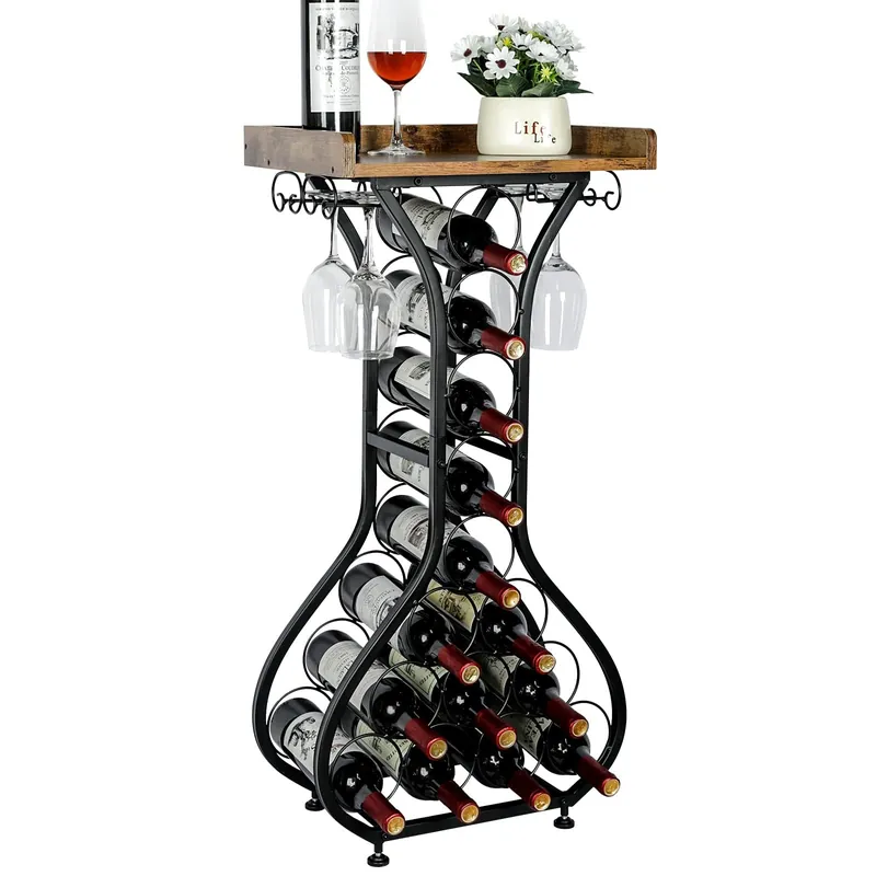 Mini Bar Table Wine Holder Stand Liquor Cabinet with Glass Holder Wood Tabletop 14 Bottles Floor Wine Storage