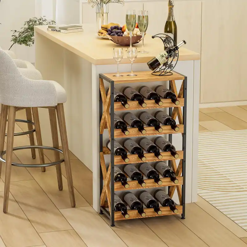 20 Bottle Wine Rack Freestanding Floor with Wood Top Wobble-Free 5 Tier Wine Display Storage Stand Shelf