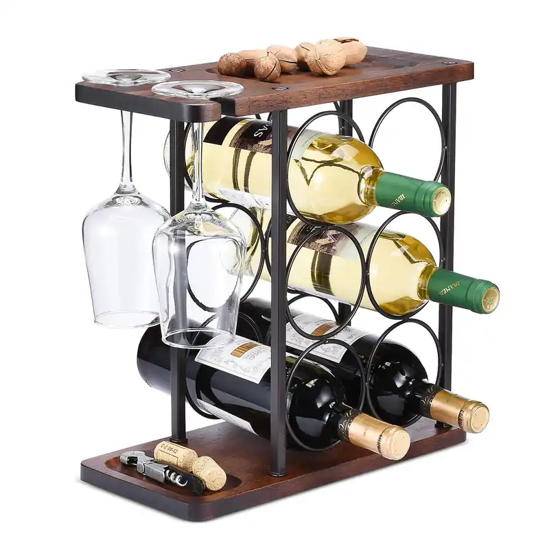Wine Rack with Glass Holder, Countertop Wine Rack, Wooden Wine Holder with Tray, Perfect for Home Decor & Kitchen Storage Rack