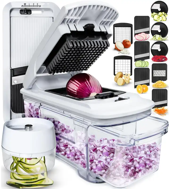 All-in-1 Vegetable Chopper, Mandoline Slicer & Cheese Grater - French Fry Cutter & Veggie Dicer (6 in 1, Black/White)
