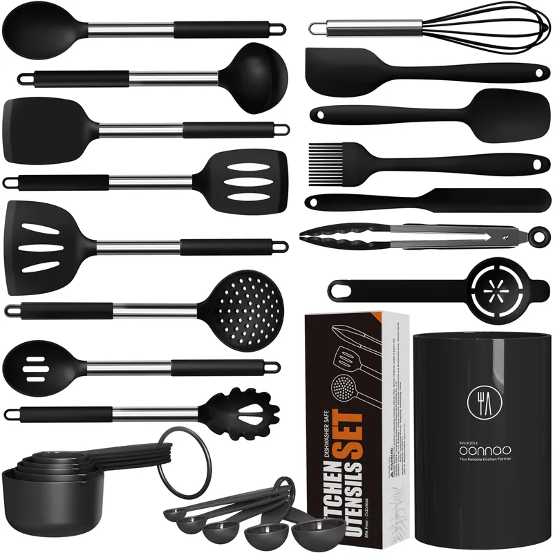 Large Silicone Cooking Utensils Set - Heat Resistant Kitchen Utensils Sets (Black)