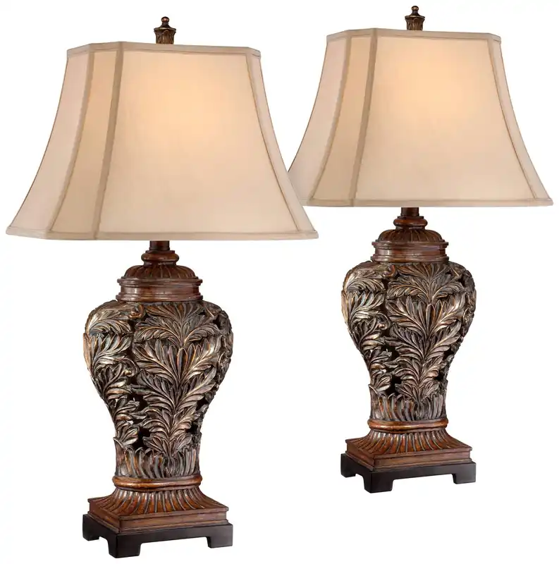 Traditional Table Lamps 32.5" Tall Set of 2 Bronze Brown Carved Leaf Openwork Vase Tan Rectangular Shade Decor