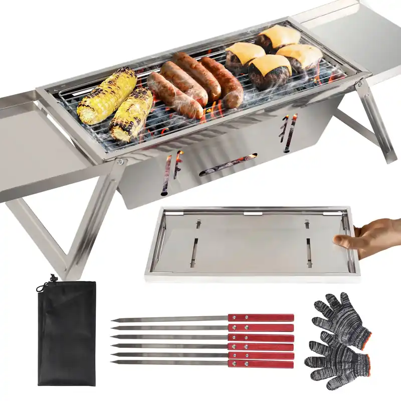 Portable Charcoal Grill with 6 Skewers - Stainless Steel Foldaway Grill for Camping, BBQ, Tailgating, Picnics