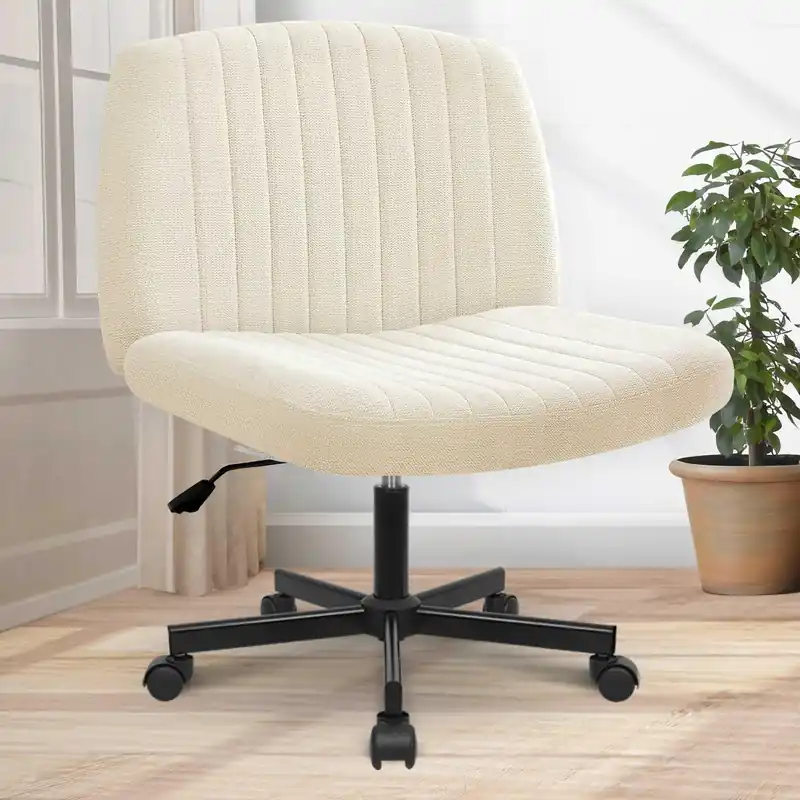 Chair with Wheels, Armless Cross Legged Office Desk Chair, Wide Comfy Vanity Rolling Swivel