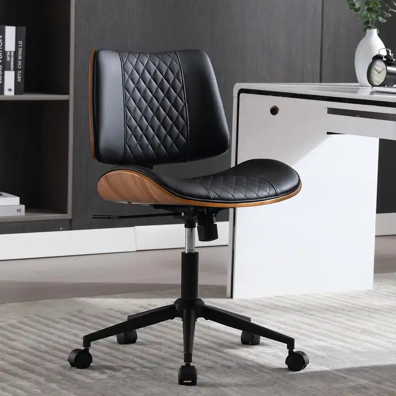 Adjustable Height Small Desk Chair, PU Leather Mid Back 360 Swivel Computer Chair, Armless Modern Walnut Chair for Office, Reading Meeting Room(Black)
