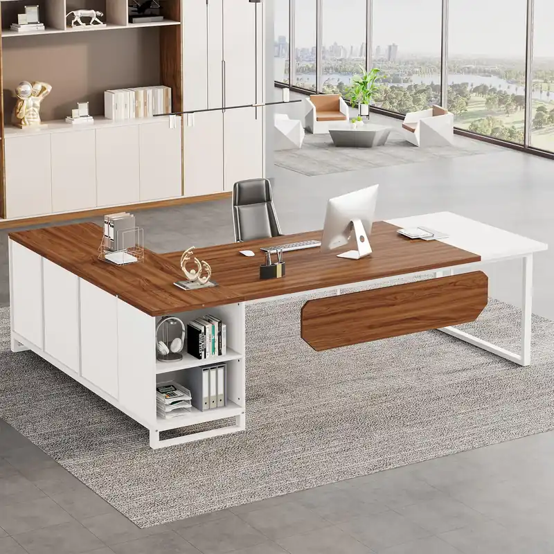 70.8-Inch Executive Desk with 55-Inch File Cabinet, Large L Shaped Computer Desk Walnut & White
