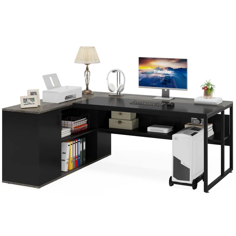 Large Executive Desk with File Cabinet, 71 inch L Shaped Computer Desk Office Desk Grey