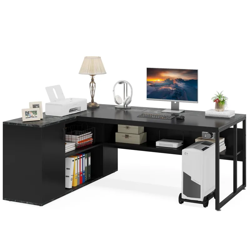 Large Executive Desk with File Cabinet, 71 inch L Shaped Computer Desk Office Desk Home Office, Black