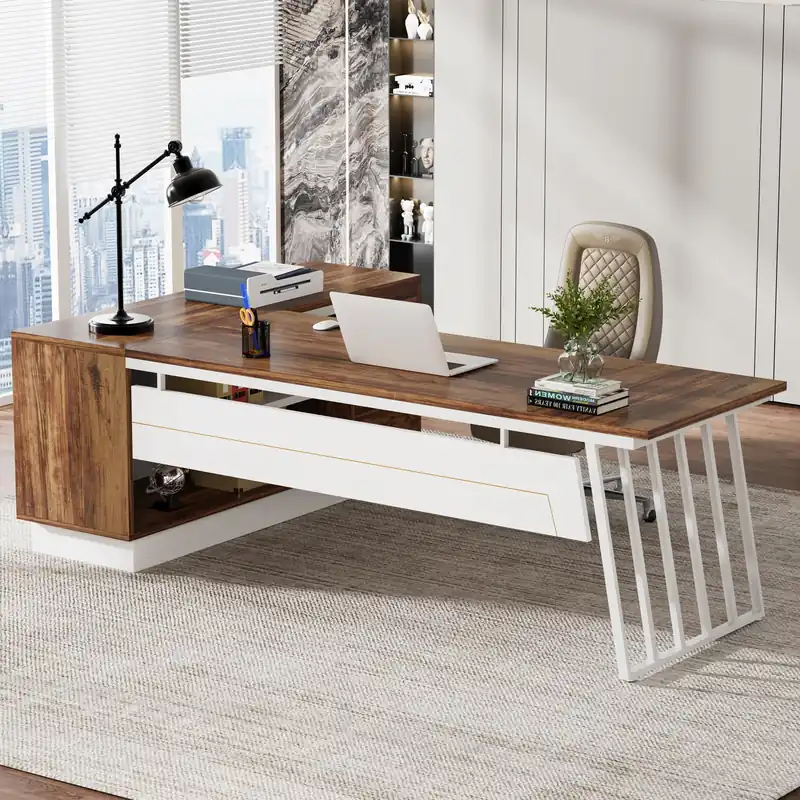 71-Inch Executive Desk, L-Shaped Desk with Cabinet, Large Office Desk Brown and White