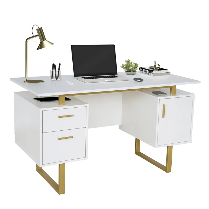 Storage Drawers and Cabinet 51.25” W-Modern Office Large Floating Desktop Surface Desk, 23.6" D x 51.2" W x 29.8" H, White/Gold
