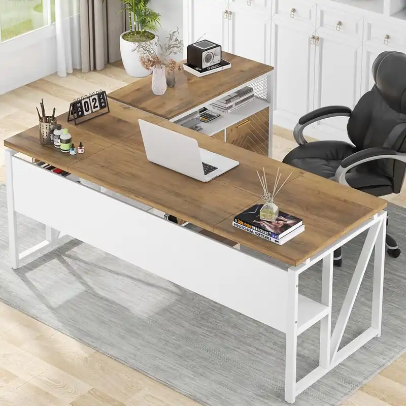 L Shaped Desk with Drawer Cabinet, 63" Executive Computer Desk and lateral File Cabinet (Walnut, 63-inches)