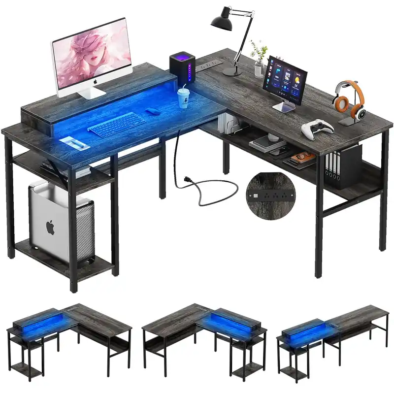 Reversible L Shaped Desk with Power Outlets and RGB LED Light, Sturdy Computer Desk Black Oak