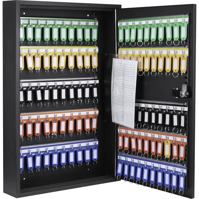 Key Cabinet Wall Mount Lock Box with Colorful Key Tag Labels for Key Storage & Organization - 100 Position - Combination Lock - Black
