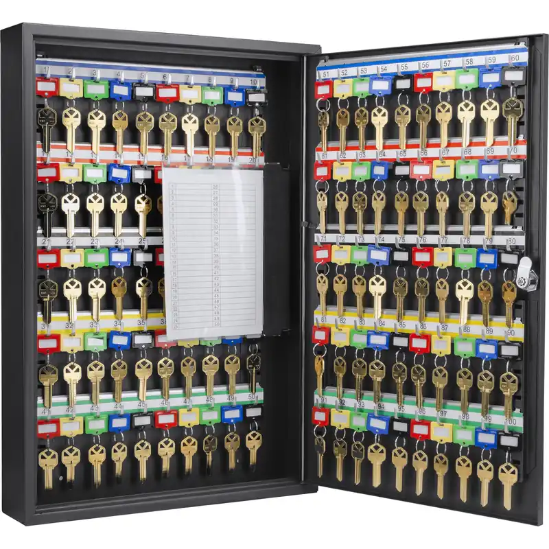 Adjustable Key Cabinet Lock Box with Colorful Key Tag Labels - 100 Position - Key Lock - Black