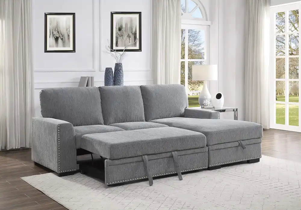 Mid Century Modern Sectional Sleeper Sofa Bed Couch with Storage Chaise, Sectional Sofa Gray
