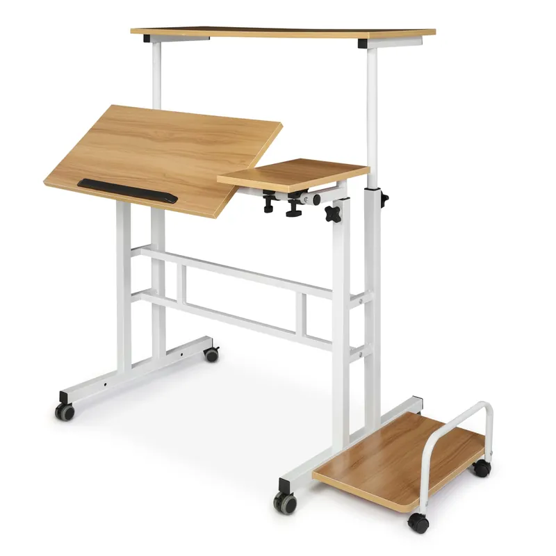 MoNiBloom Mobile Standing Laptop Desk Rolling Laptop Workstation on Wheels Adjustable Height Computer Desk for Home Office Laptop Workstation with Side Storage, White