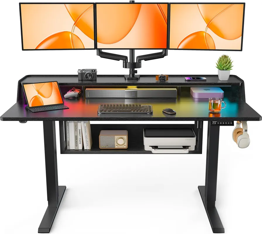 Standing Desk, 55x28 Inch Electric Standing Desk with Shelves, Height Adjustable Desk with Monitor Stand and Storage, Black