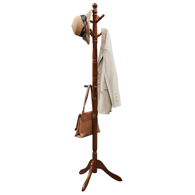 Solid Wood Coat Rack and Stand, Free Standing Hall Coat Tree with 10 Hooks for Hats, Bags, Purses